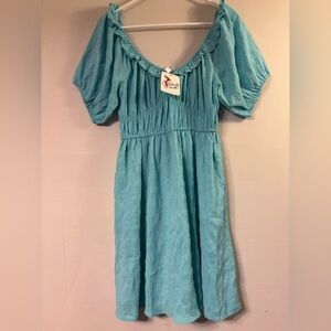 Casual Blue Green Puff Sleeve Sundress